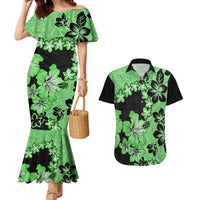 Green Hawaii Couples Matching Mermaid Dress and Hawaiian Shirt Tapa Cloth Mix Tropical Flowers Pastel Vibes - Wonder Print Shop