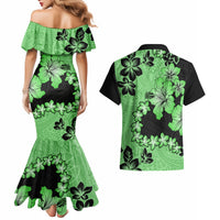 Green Hawaii Couples Matching Mermaid Dress and Hawaiian Shirt Tapa Cloth Mix Tropical Flowers Pastel Vibes - Wonder Print Shop