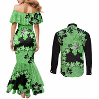 green-hawaii-couples-matching-mermaid-dress-and-long-sleeve-button-shirt-tapa-cloth-mix-tropical-flowers-pastel-vibes