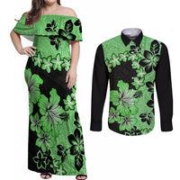Green Hawaii Couples Matching Off Shoulder Maxi Dress and Long Sleeve Button Shirt Tapa Cloth Mix Tropical Flowers Pastel Vibes - Wonder Print Shop