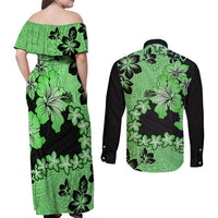 Green Hawaii Couples Matching Off Shoulder Maxi Dress and Long Sleeve Button Shirt Tapa Cloth Mix Tropical Flowers Pastel Vibes - Wonder Print Shop