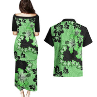 Green Hawaii Couples Matching Puletasi Dress and Hawaiian Shirt Tapa Cloth Mix Tropical Flowers Pastel Vibes - Wonder Print Shop