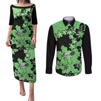 Green Hawaii Couples Matching Puletasi Dress and Long Sleeve Button Shirt Tapa Cloth Mix Tropical Flowers Pastel Vibes - Wonder Print Shop