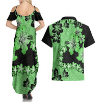 Green Hawaii Couples Matching Summer Maxi Dress and Hawaiian Shirt Tapa Cloth Mix Tropical Flowers Pastel Vibes - Wonder Print Shop