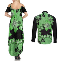 Green Hawaii Couples Matching Summer Maxi Dress and Long Sleeve Button Shirt Tapa Cloth Mix Tropical Flowers Pastel Vibes - Wonder Print Shop