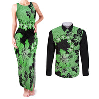 Green Hawaii Couples Matching Tank Maxi Dress and Long Sleeve Button Shirt Tapa Cloth Mix Tropical Flowers Pastel Vibes - Wonder Print Shop