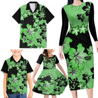 Green Hawaii Family Matching Long Sleeve Bodycon Dress and Hawaiian Shirt Tapa Cloth Mix Tropical Flowers Pastel Vibes - Wonder Print Shop