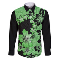 Green Hawaii Family Matching Long Sleeve Bodycon Dress and Hawaiian Shirt Tapa Cloth Mix Tropical Flowers Pastel Vibes - Wonder Print Shop