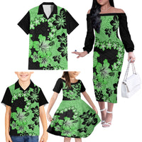 Green Hawaii Family Matching Off Shoulder Long Sleeve Dress and Hawaiian Shirt Tapa Cloth Mix Tropical Flowers Pastel Vibes - Wonder Print Shop