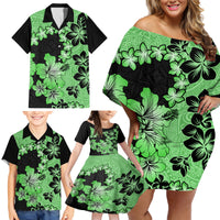 Green Hawaii Family Matching Off Shoulder Short Dress and Hawaiian Shirt Tapa Cloth Mix Tropical Flowers Pastel Vibes - Wonder Print Shop