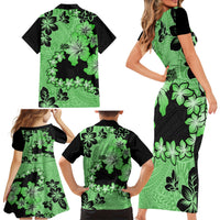 Green Hawaii Family Matching Short Sleeve Bodycon Dress and Hawaiian Shirt Tapa Cloth Mix Tropical Flowers Pastel Vibes - Wonder Print Shop