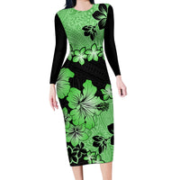 Green Hawaii Long Sleeve Bodycon Dress Tapa Cloth Mix Tropical Flowers Pastel Vibes - Wonder Print Shop