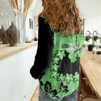 Green Hawaii Women Casual Shirt Tapa Cloth Mix Tropical Flowers Pastel Vibes - Wonder Print Shop
