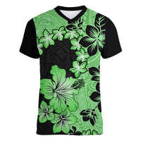 Green Hawaii Women V Neck T Shirt Tapa Cloth Mix Tropical Flowers Pastel Vibes - Wonder Print Shop