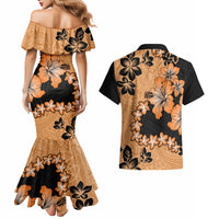 Orange Hawaii Couples Matching Mermaid Dress and Hawaiian Shirt Tapa Cloth Mix Tropical Flowers Pastel Vibes - Wonder Print Shop