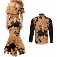 orange-hawaii-couples-matching-mermaid-dress-and-long-sleeve-button-shirt-tapa-cloth-mix-tropical-flowers-pastel-vibes