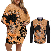 Orange Hawaii Couples Matching Off Shoulder Short Dress and Long Sleeve Button Shirt Tapa Cloth Mix Tropical Flowers Pastel Vibes - Wonder Print Shop