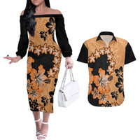 Orange Hawaii Couples Matching Off The Shoulder Long Sleeve Dress and Hawaiian Shirt Tapa Cloth Mix Tropical Flowers Pastel Vibes - Wonder Print Shop