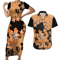 Orange Hawaii Couples Matching Short Sleeve Bodycon Dress and Hawaiian Shirt Tapa Cloth Mix Tropical Flowers Pastel Vibes - Wonder Print Shop
