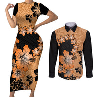 Orange Hawaii Couples Matching Short Sleeve Bodycon Dress and Long Sleeve Button Shirt Tapa Cloth Mix Tropical Flowers Pastel Vibes - Wonder Print Shop