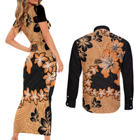 Orange Hawaii Couples Matching Short Sleeve Bodycon Dress and Long Sleeve Button Shirt Tapa Cloth Mix Tropical Flowers Pastel Vibes - Wonder Print Shop