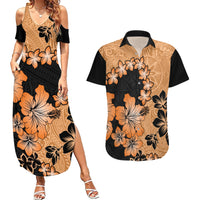 Orange Hawaii Couples Matching Summer Maxi Dress and Hawaiian Shirt Tapa Cloth Mix Tropical Flowers Pastel Vibes - Wonder Print Shop