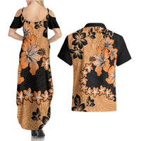 Orange Hawaii Couples Matching Summer Maxi Dress and Hawaiian Shirt Tapa Cloth Mix Tropical Flowers Pastel Vibes - Wonder Print Shop