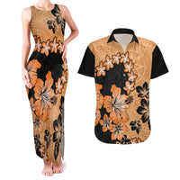 Orange Hawaii Couples Matching Tank Maxi Dress and Hawaiian Shirt Tapa Cloth Mix Tropical Flowers Pastel Vibes - Wonder Print Shop