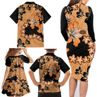 Orange Hawaii Family Matching Long Sleeve Bodycon Dress and Hawaiian Shirt Tapa Cloth Mix Tropical Flowers Pastel Vibes - Wonder Print Shop