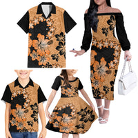 Orange Hawaii Family Matching Off Shoulder Long Sleeve Dress and Hawaiian Shirt Tapa Cloth Mix Tropical Flowers Pastel Vibes - Wonder Print Shop