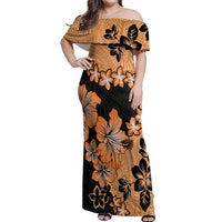 Orange Hawaii Off Shoulder Maxi Dress Tapa Cloth Mix Tropical Flowers Pastel Vibes - Wonder Print Shop