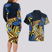 Polynesia Fabric Couples Matching Long Sleeve Bodycon Dress and Hawaiian Shirt Polynesian Tribal With Frangipani Flowers - Wonder Print Shop