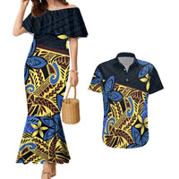 Polynesia Fabric Couples Matching Mermaid Dress and Hawaiian Shirt Polynesian Tribal With Frangipani Flowers - Wonder Print Shop