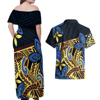 Polynesia Fabric Couples Matching Off Shoulder Maxi Dress and Hawaiian Shirt Polynesian Tribal With Frangipani Flowers - Wonder Print Shop