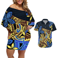 Polynesia Fabric Couples Matching Off Shoulder Short Dress and Hawaiian Shirt Polynesian Tribal With Frangipani Flowers - Wonder Print Shop