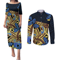 Polynesia Fabric Couples Matching Puletasi Dress and Long Sleeve Button Shirt Polynesian Tribal With Frangipani Flowers - Wonder Print Shop
