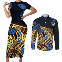 Polynesia Fabric Couples Matching Short Sleeve Bodycon Dress and Long Sleeve Button Shirt Polynesian Tribal With Frangipani Flowers - Wonder Print Shop