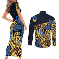 Polynesia Fabric Couples Matching Short Sleeve Bodycon Dress and Long Sleeve Button Shirt Polynesian Tribal With Frangipani Flowers - Wonder Print Shop