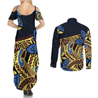 Polynesia Fabric Couples Matching Summer Maxi Dress and Long Sleeve Button Shirt Polynesian Tribal With Frangipani Flowers - Wonder Print Shop