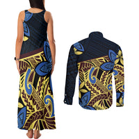 Polynesia Fabric Couples Matching Tank Maxi Dress and Long Sleeve Button Shirt Polynesian Tribal With Frangipani Flowers - Wonder Print Shop