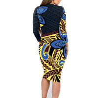 Polynesia Fabric Family Matching Long Sleeve Bodycon Dress and Hawaiian Shirt Polynesian Tribal With Frangipani Flowers - Wonder Print Shop