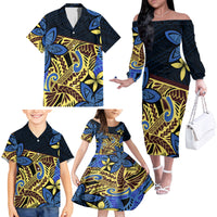 Polynesia Fabric Family Matching Off Shoulder Long Sleeve Dress and Hawaiian Shirt Polynesian Tribal With Frangipani Flowers - Wonder Print Shop