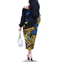 Polynesia Fabric Family Matching Off Shoulder Long Sleeve Dress and Hawaiian Shirt Polynesian Tribal With Frangipani Flowers - Wonder Print Shop