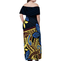 Polynesia Fabric Family Matching Off Shoulder Maxi Dress and Hawaiian Shirt Polynesian Tribal With Frangipani Flowers - Wonder Print Shop