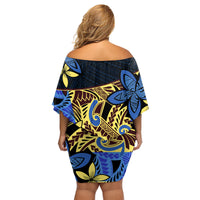 Polynesia Fabric Family Matching Off Shoulder Short Dress and Hawaiian Shirt Polynesian Tribal With Frangipani Flowers - Wonder Print Shop