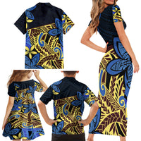 Polynesia Fabric Family Matching Short Sleeve Bodycon Dress and Hawaiian Shirt Polynesian Tribal With Frangipani Flowers - Wonder Print Shop