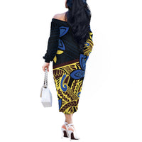 Polynesia Fabric Off The Shoulder Long Sleeve Dress Polynesian Tribal With Frangipani Flowers - Wonder Print Shop