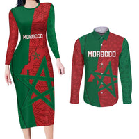 Personalised Morocco Couples Matching Long Sleeve Bodycon Dress and Long Sleeve Button Shirt Moroccan Green Star With Moorish Pattern - Wonder Print Shop
