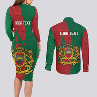 Personalised Morocco Couples Matching Long Sleeve Bodycon Dress and Long Sleeve Button Shirt Moroccan Green Star With Moorish Pattern - Wonder Print Shop