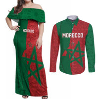 Personalised Morocco Couples Matching Off Shoulder Maxi Dress and Long Sleeve Button Shirt Moroccan Green Star With Moorish Pattern - Wonder Print Shop